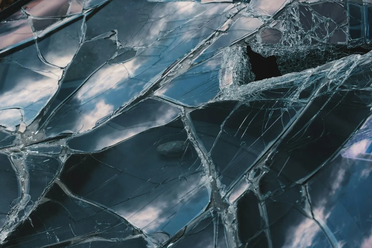 Close-up of shattered laminated auto glass